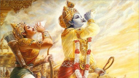 Arjuna and Duryodhana seeking help from Krishna