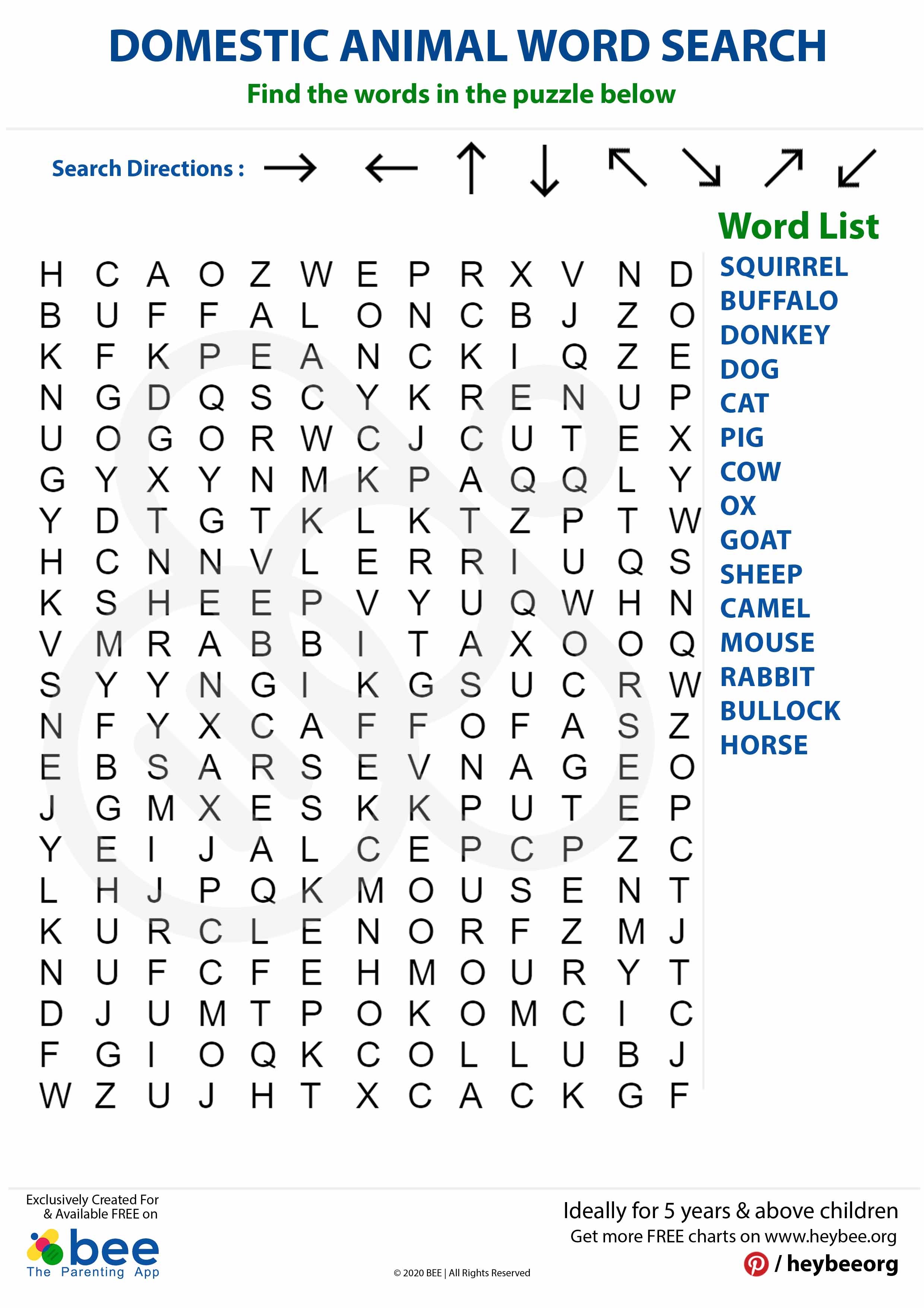 Domestic Animal Word Search
