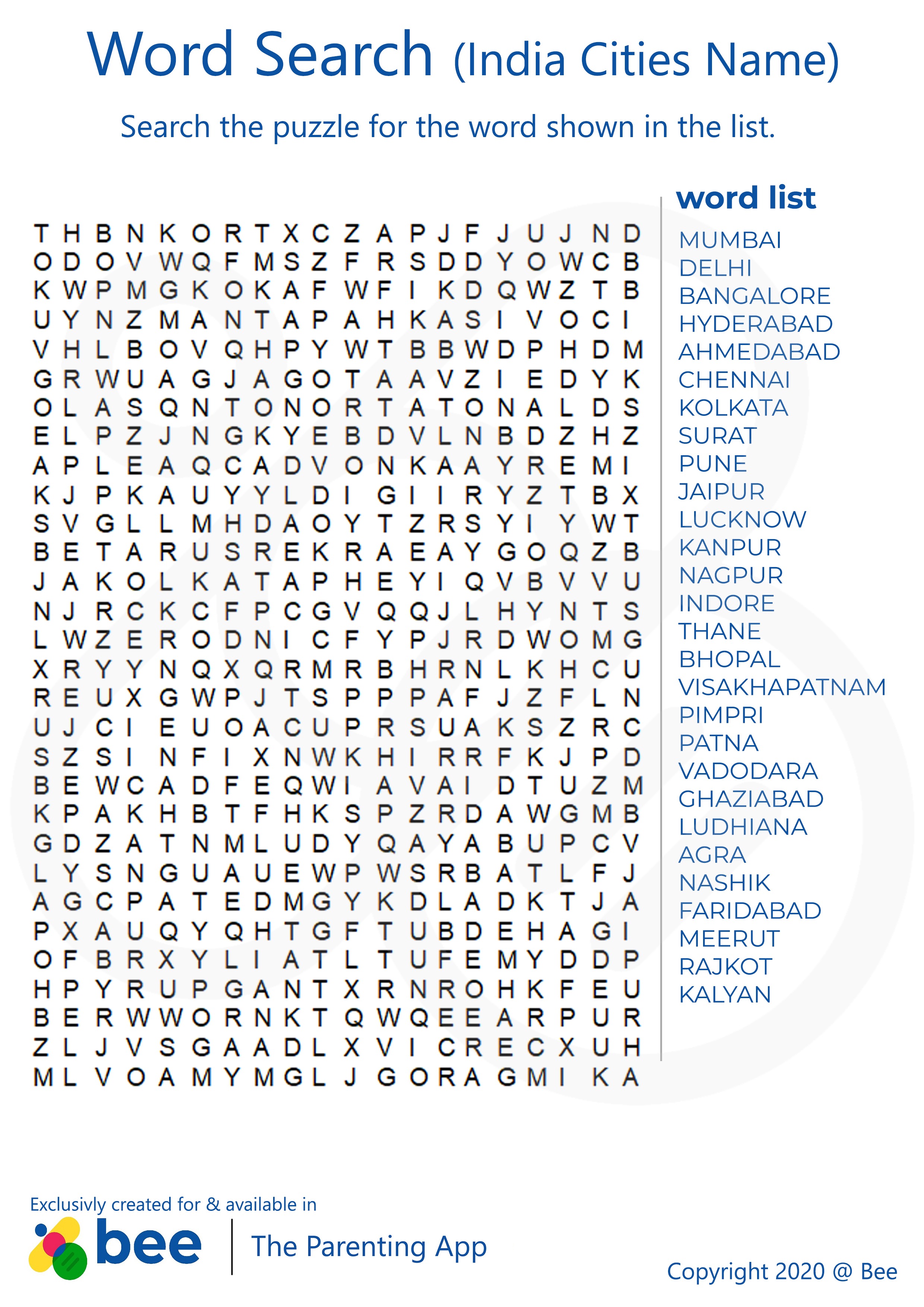 Indian cities Search Word Puzzle