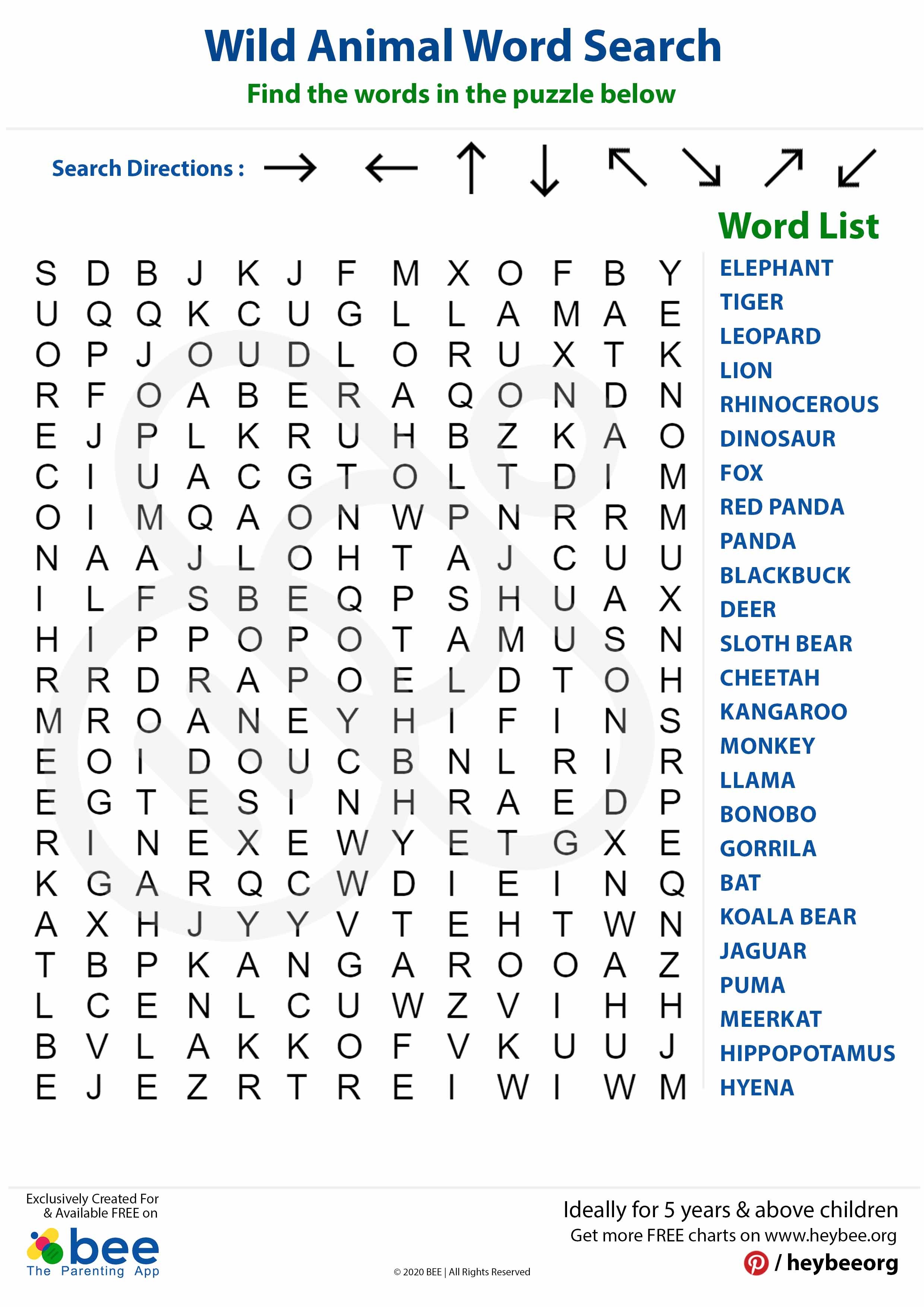 Wild animal Word Search 1