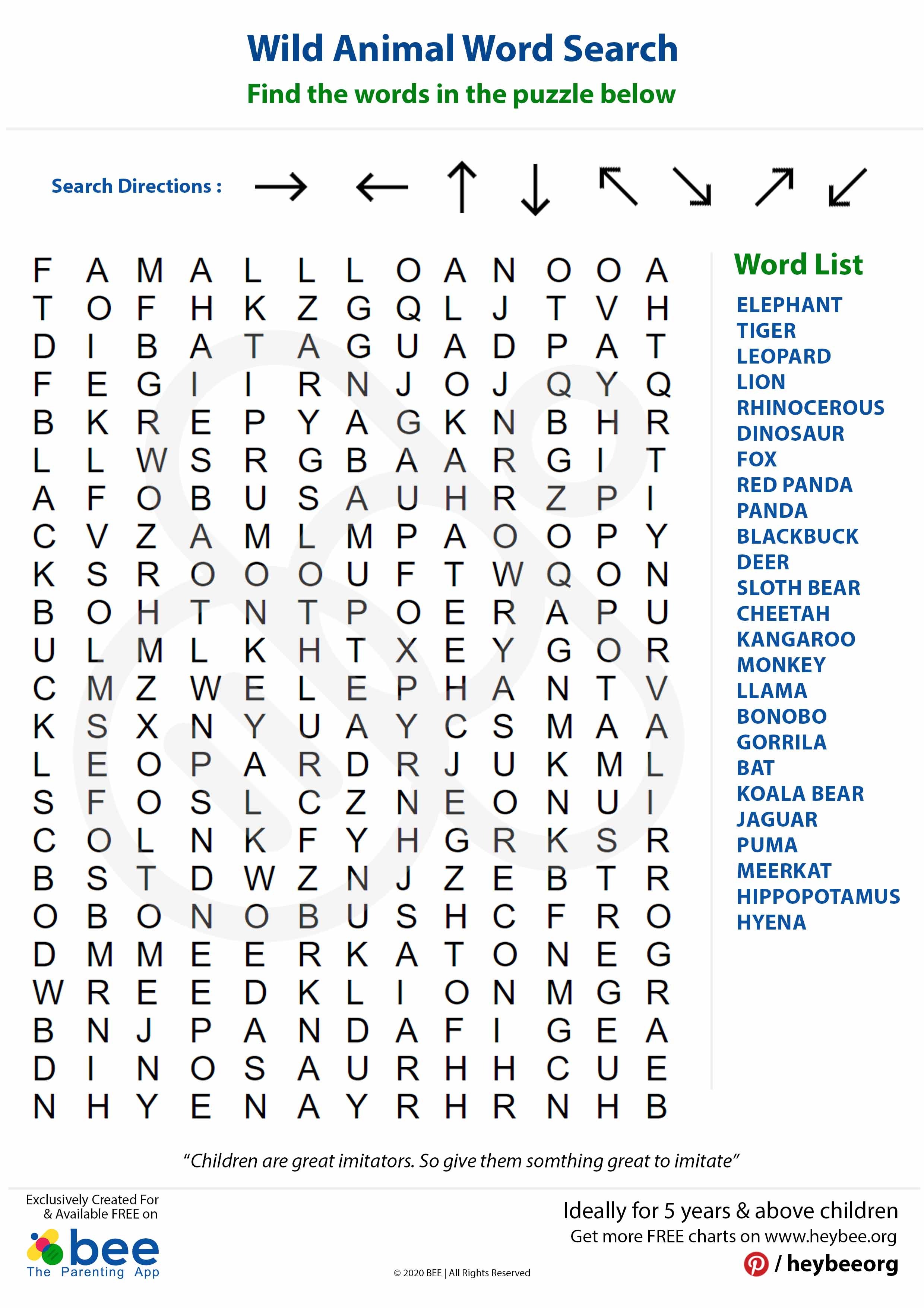 Wild animal search word puzzle